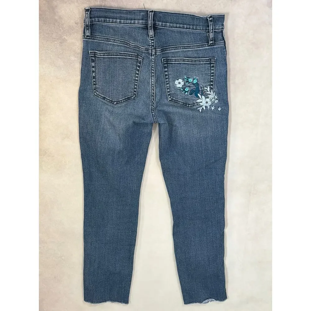 J.Crew Floral Embroidered Vintage Straight Leg Jeans Size 26 Medium Wash Raw Hem